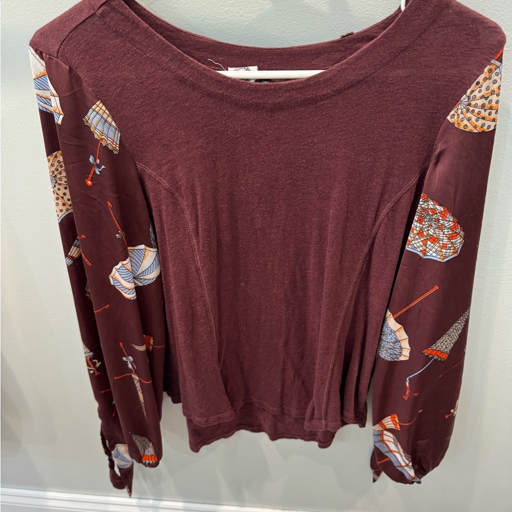 Anthropologie Maroon Top with Patterned Sleeves